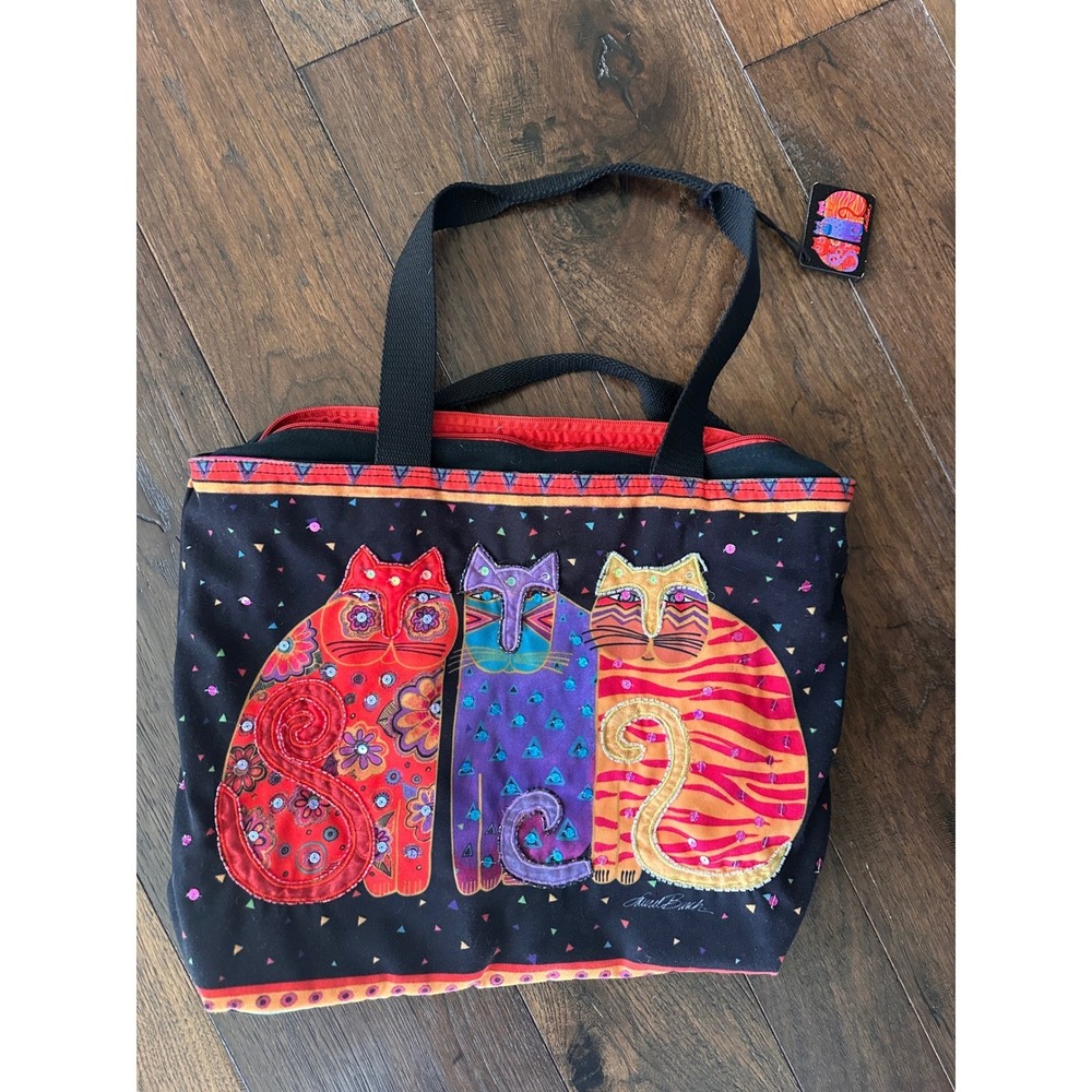 Laurel Burch Three Cosmic Cats Canvas Tote Bag Sequin Beaded Black Red NWT